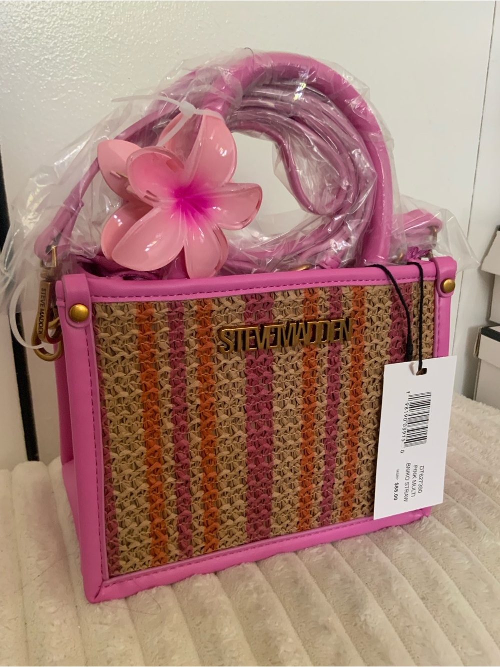 Steve Madden Pink Straw-Front Top-Handle Satchel with Multicolor Stripe